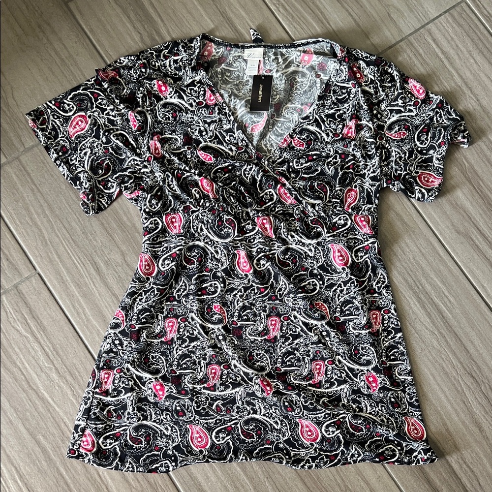 Lane Bryant Paisley V-Neck Blouse - Black and Fuchsia